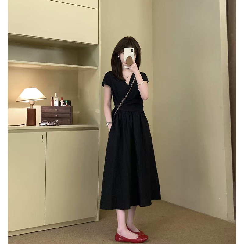 FUGUI RICH小个子短袖连衣裙夏季新款V领拼接绑带网纱法式中长裙