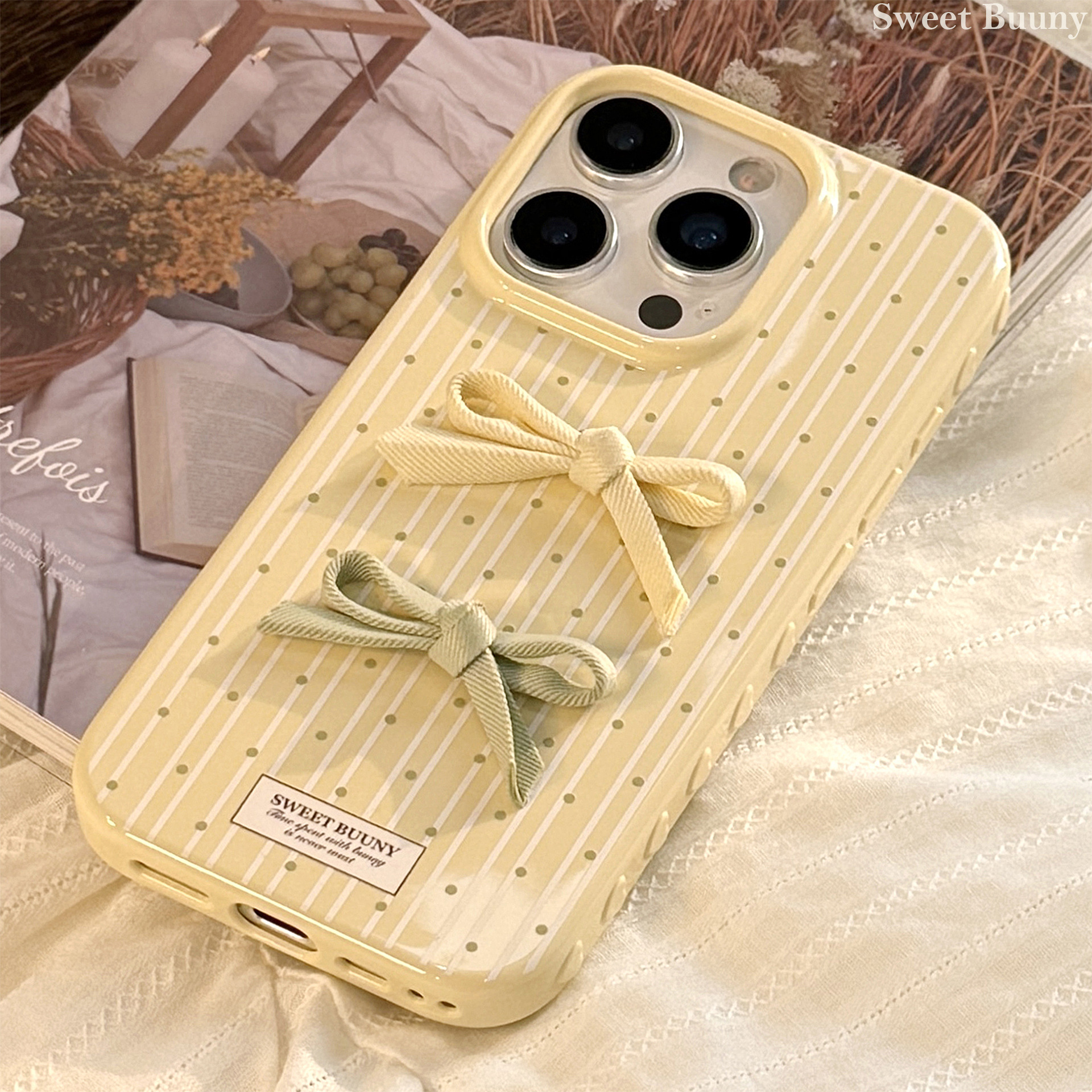 韩系清新波点蝴蝶结iphone16手机壳苹果15软13立体14promax适用12