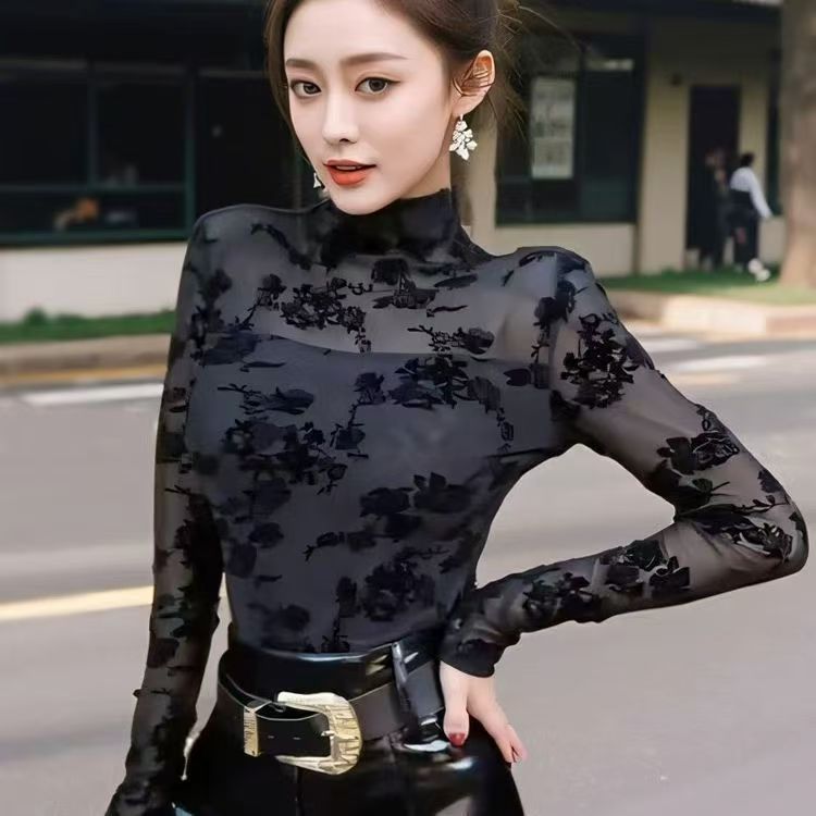 网纱碎花上衣加绒植绒蕾丝高级秋冬性感百搭洋气洋气半高领内搭