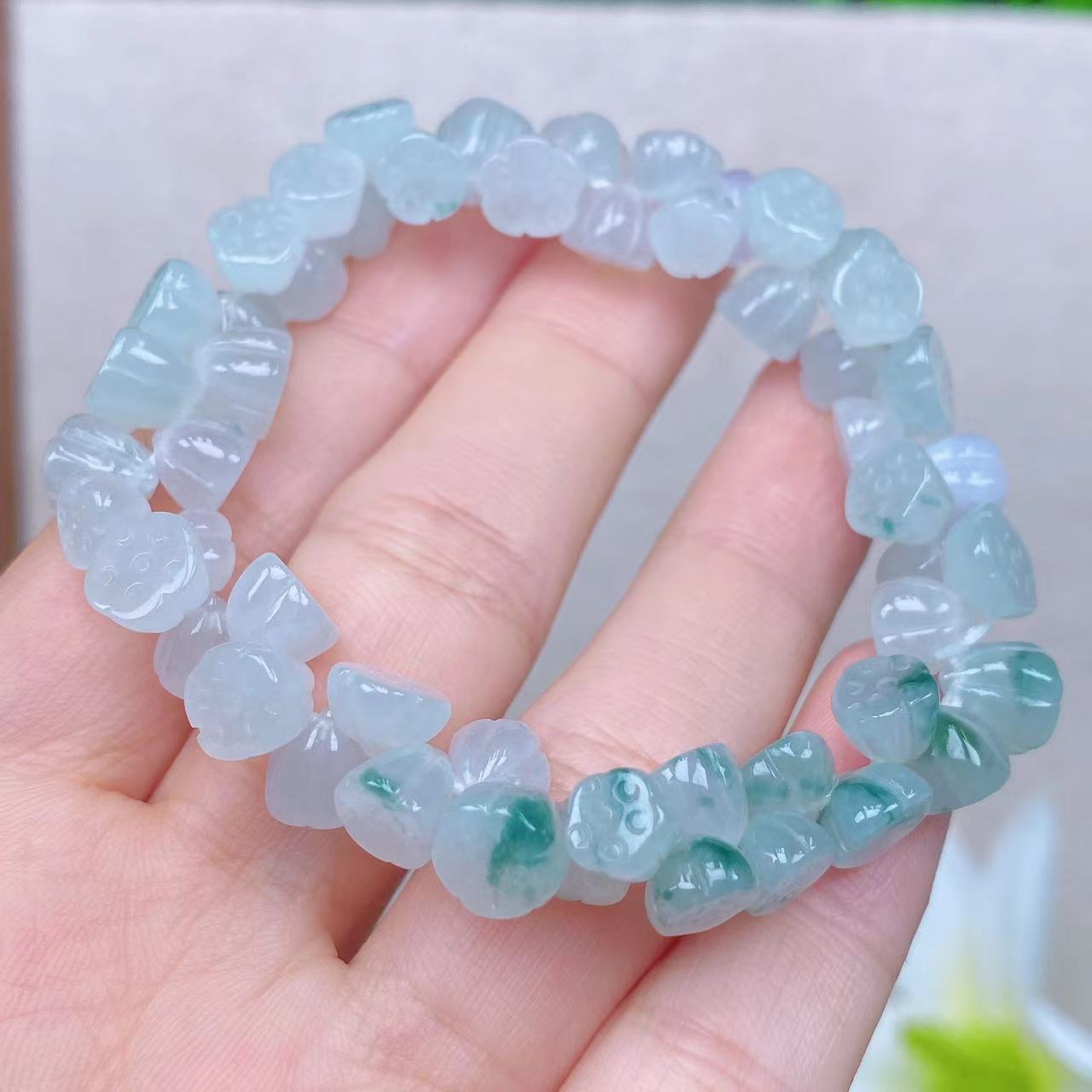 缅甸天然A货白冰飘花精雕莲花珠手串并蒂莲手工雕刻时尚百搭