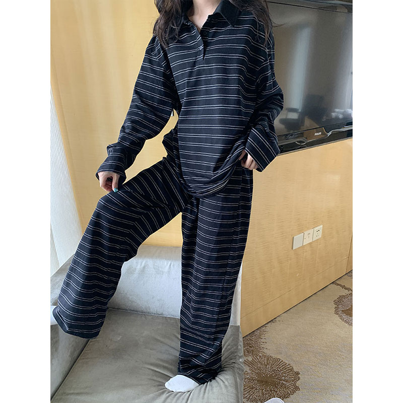 韩系条纹polo领睡衣女春秋新款情侣休闲长袖长裤可外穿家居服套装