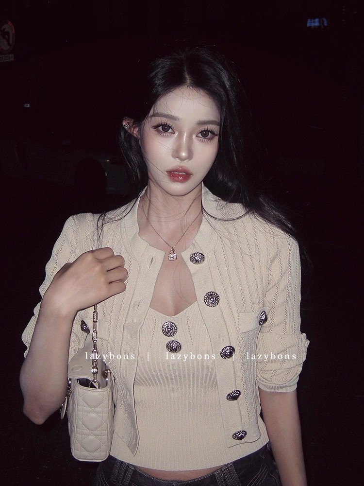 秋季穿搭高级感套装女气质名媛小香风短款针织外套抹胸上衣两件套