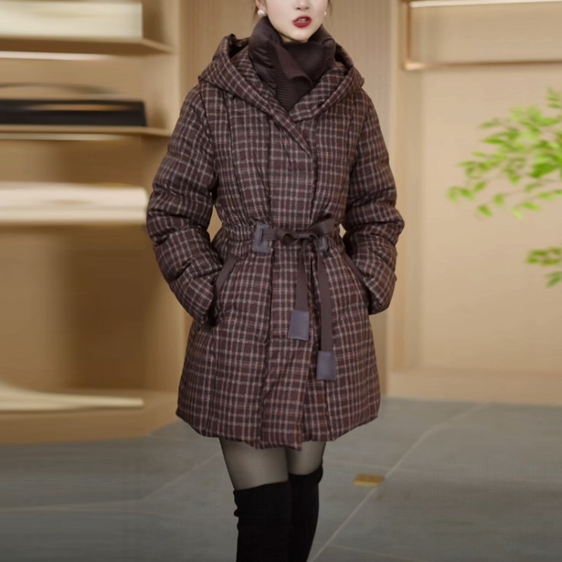 免洗格纹时尚保暖羽绒服2025冬季新款时尚显瘦气质加厚白鸭绒外套