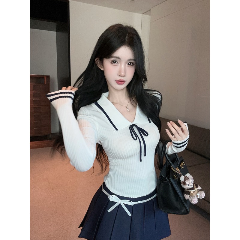 学院风娃娃领针织衫女秋冬纯欲法式上衣打底衫内搭jk制服毛衣套装