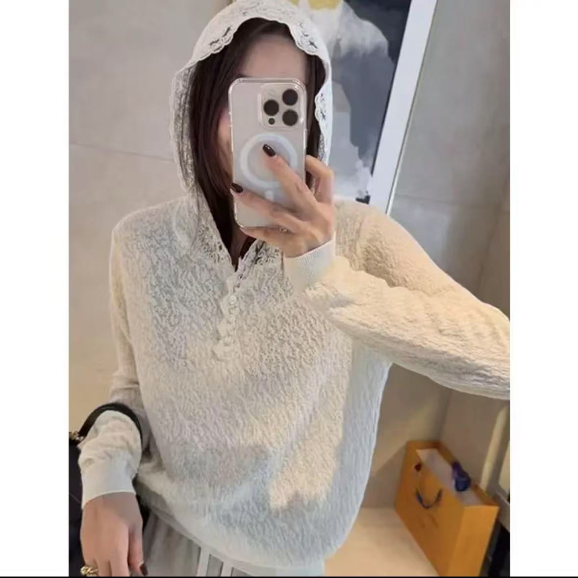 长袖法式连帽蕾丝花边钩花上衣春秋季内搭高级感宽松