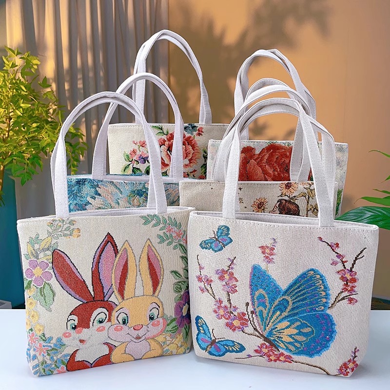 双面金丝手提帆布小包耐磨耐脏时尚百搭款刺绣带拉链手拎外出