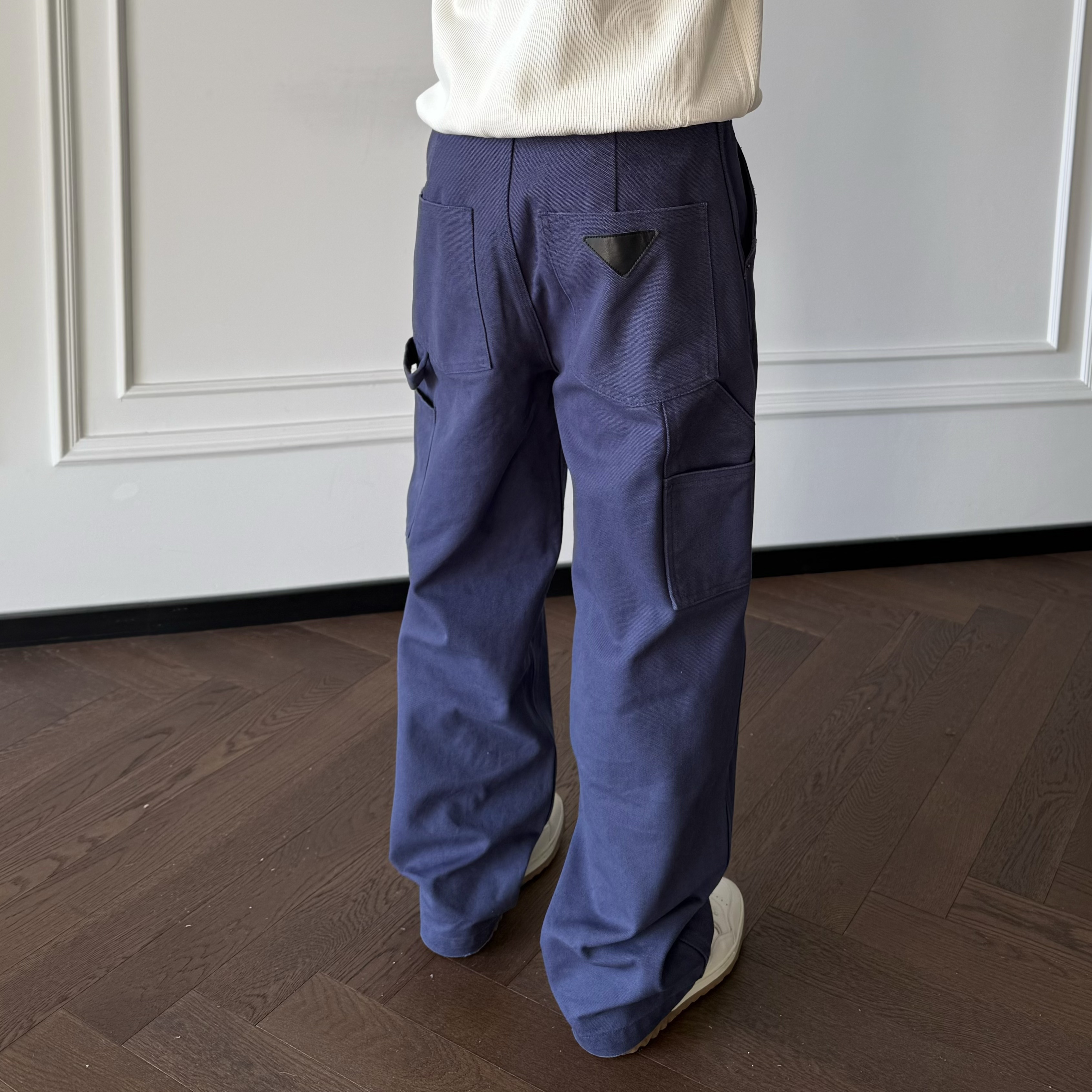 ''TZG''16盎司珠地帆布棉三本针高色牢度重磅法工蓝长裤