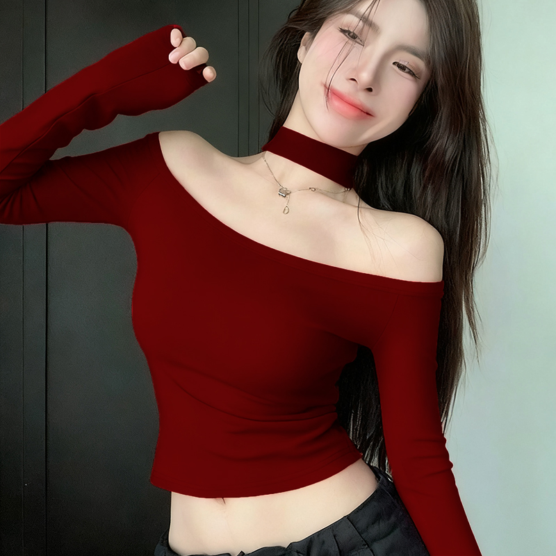 纯欲风一字领挂脖长袖t恤女早秋设计感小众辣妹修身打底衫上衣女