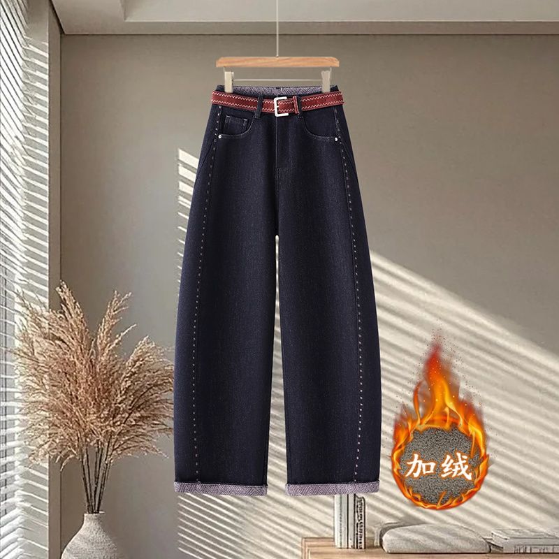 拉夏贝尔窄版牛仔弯刀裤女秋冬季2025爆款高腰加绒九分镰刀香蕉裤