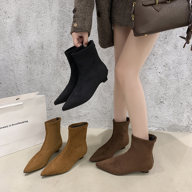法式低跟粗跟尖头高跟冬季简约时装靴短靴复古女