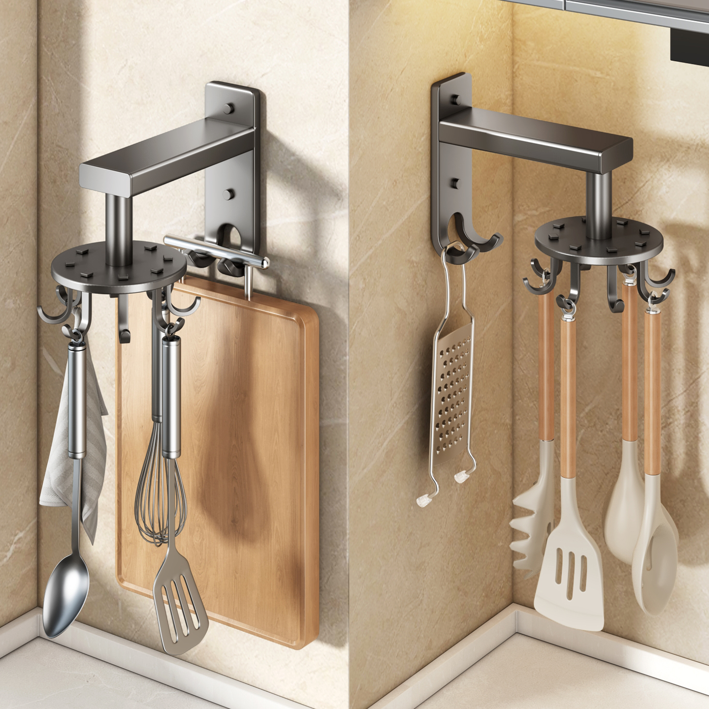 优勤厨房旋转挂钩置物架锅铲勺子铲子挂架免打孔壁挂式厨具收纳架