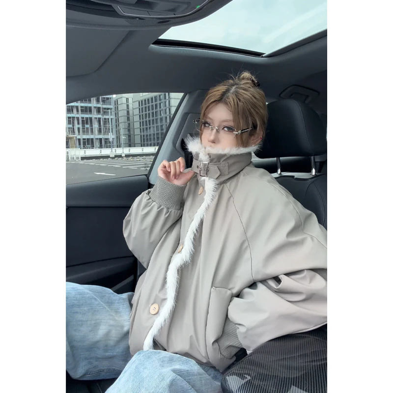 座山雕毛领立领棉服男冬季加绒加厚美式复古潮牌宽松保暖夹克外套