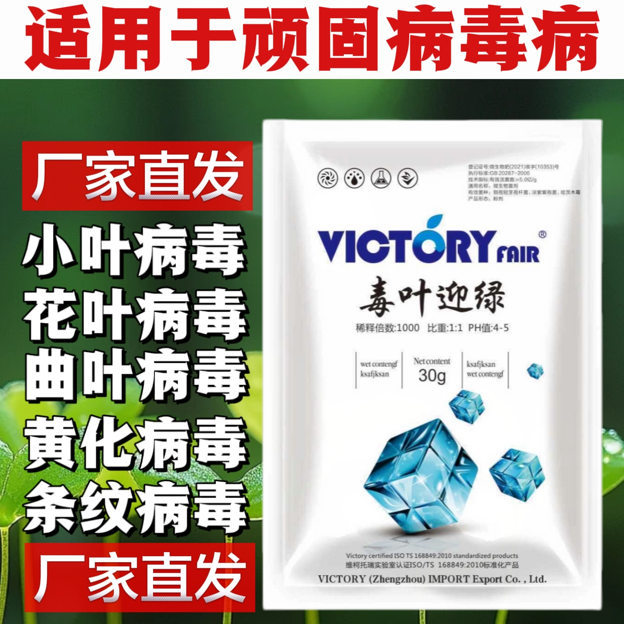 毒叶迎绿专打病毒病辣椒黄瓜西红柿葡萄花叶卷叶小叶落叶增产防治