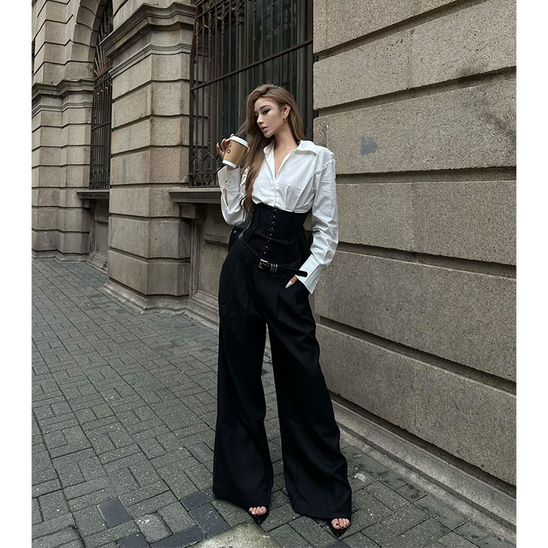 2025秋季新款ins气质法式设计感束腰白色长袖衬衫女+高腰阔腿长裤