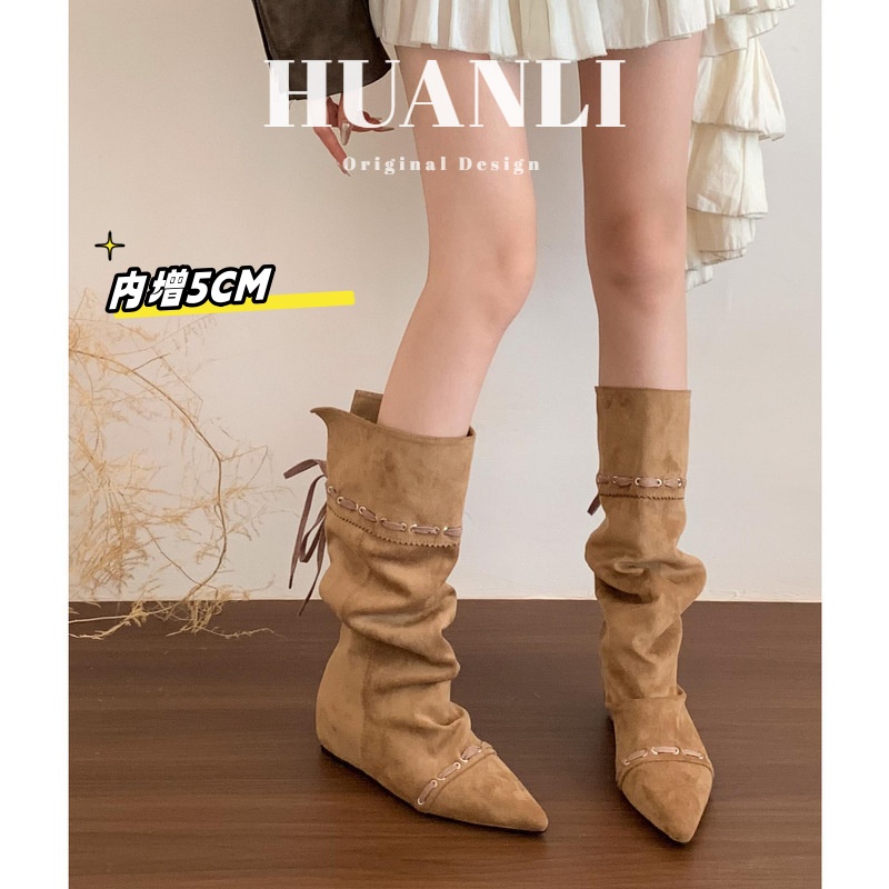 爆款秋冬季复古英伦风内增高5CM厚底长筒靴女不掉筒显瘦骑士长靴