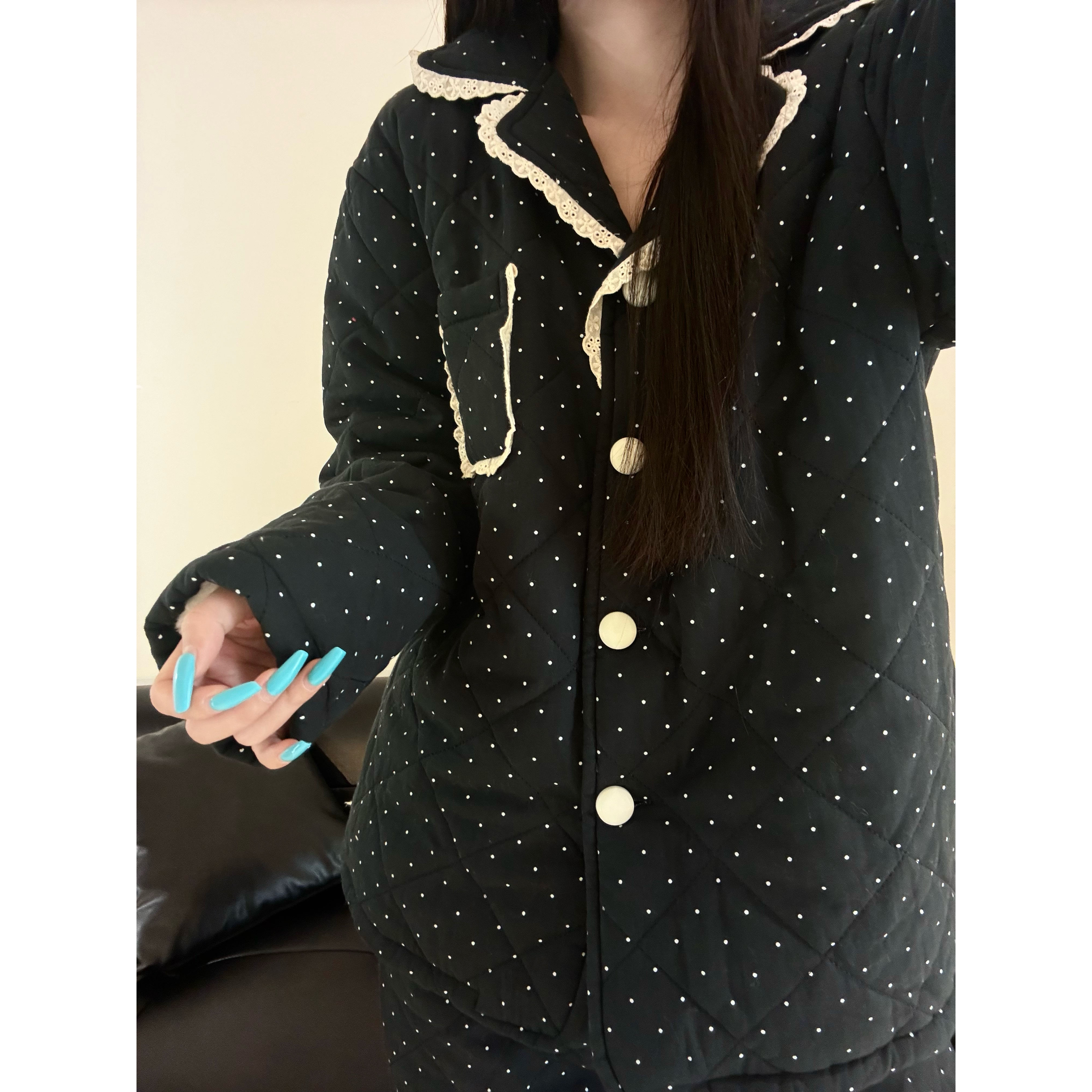 韩版ins简约波点夹棉棉服睡衣女舒适亲肤秋冬气质休闲家居服套装