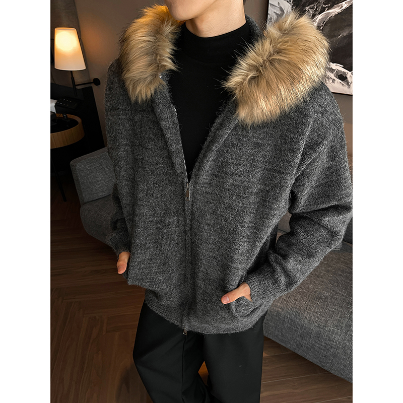 老钱风座山雕毛领开衫针织衫男款秋冬美式复古双拉链连帽毛衣外套