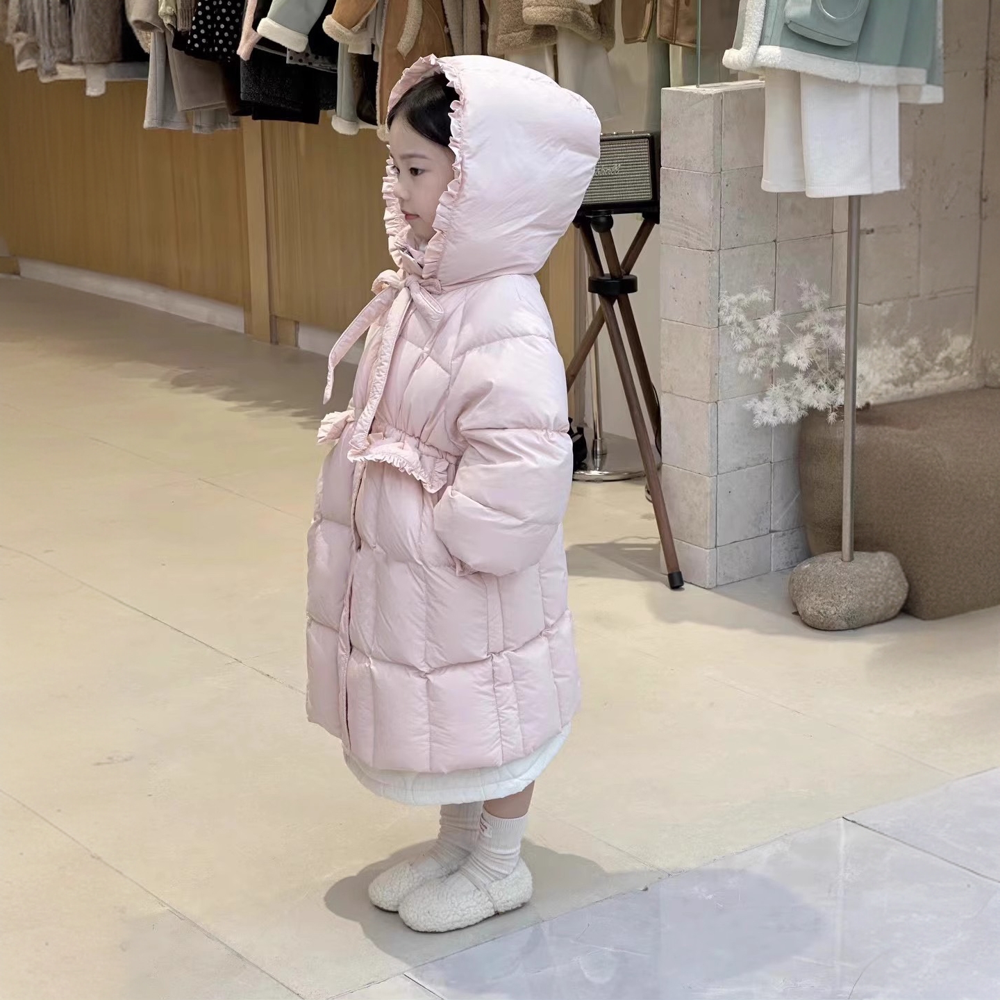女童冬装粉色棉衣连帽收腰2025韩版气质洋气女孩夹棉保暖长款外套