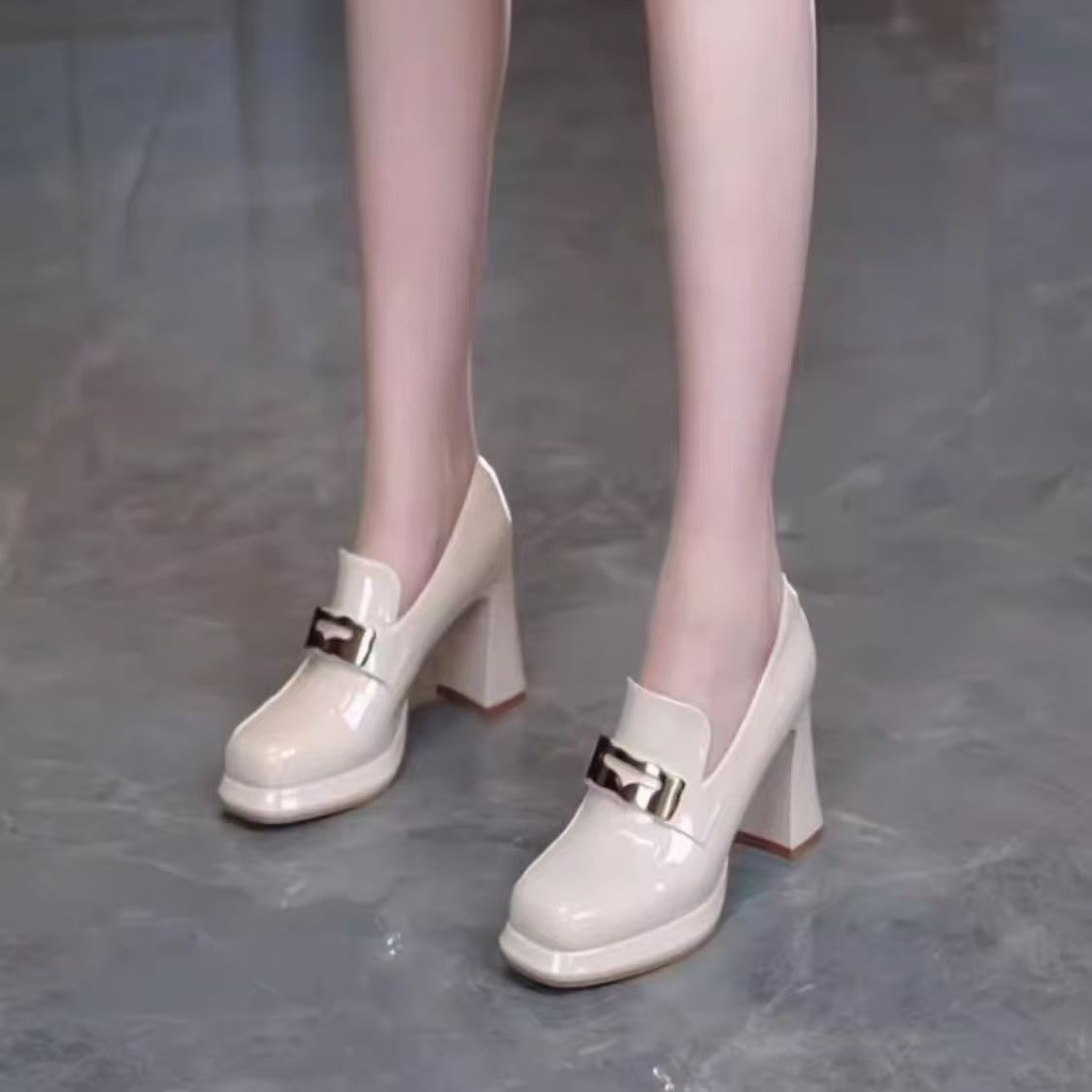 优雅方头高跟鞋2025春季新款舒适不累脚防水台牛皮深口粗跟单鞋女