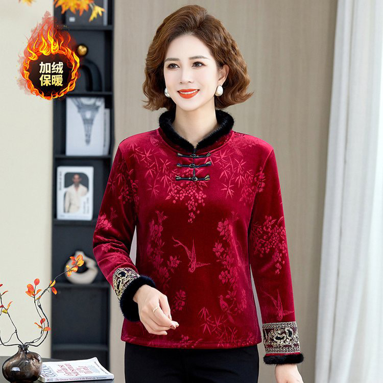 新中式毛毛领加绒加厚盘扣气质打底保暖复古百搭显瘦长袖妈妈装冬