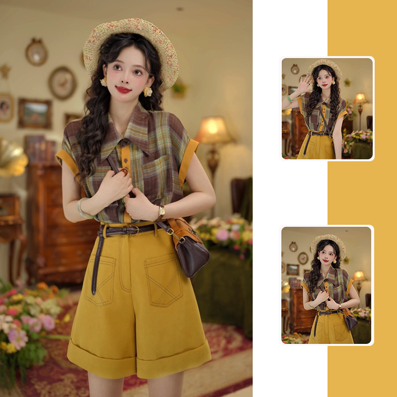 Y731#夏季穿搭一整套女气复古格子衬衫配休闲显瘦短裤两件套