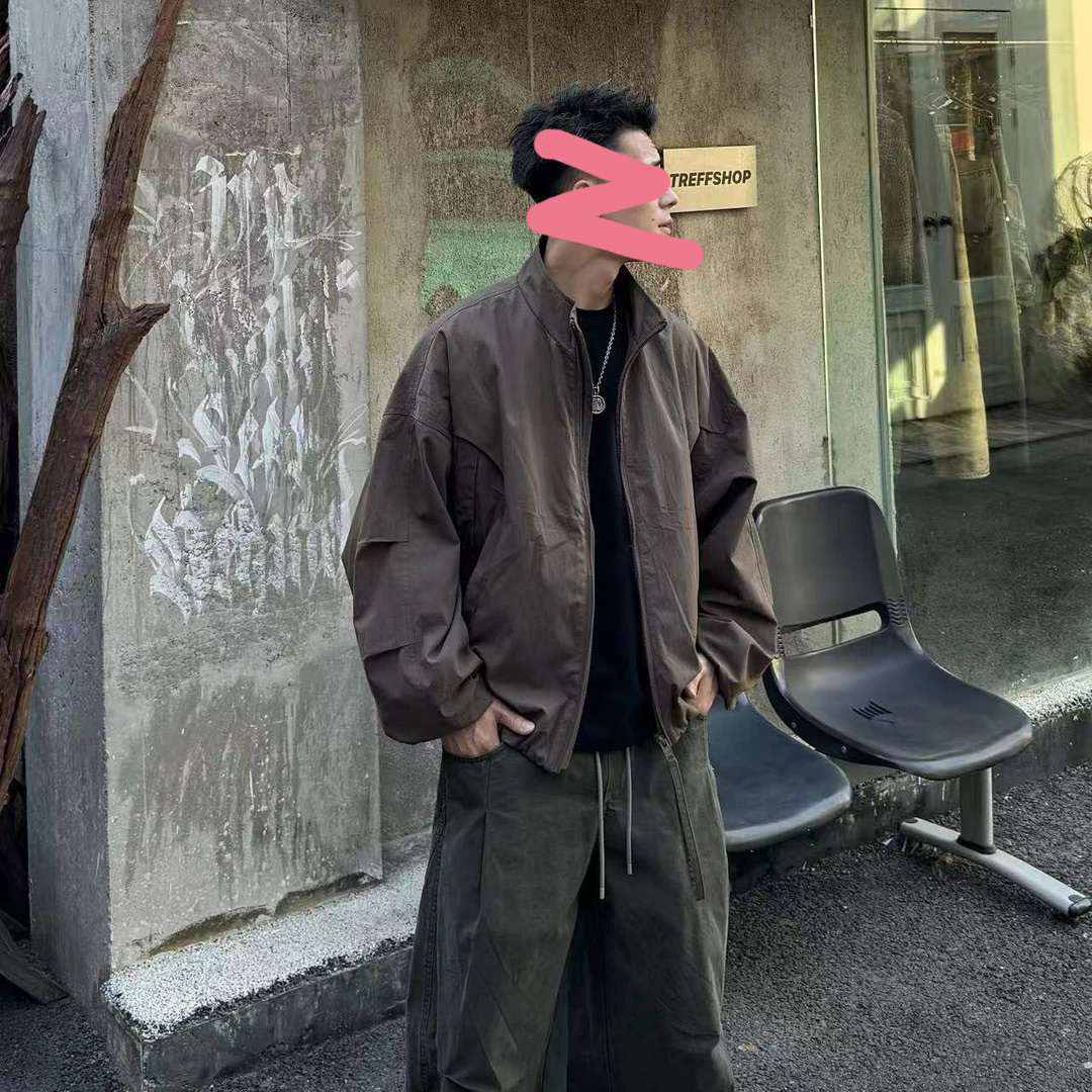 复古vintage秋季美式休闲高街弯刀袖短阔版痞帅褶皱设计夹克外套