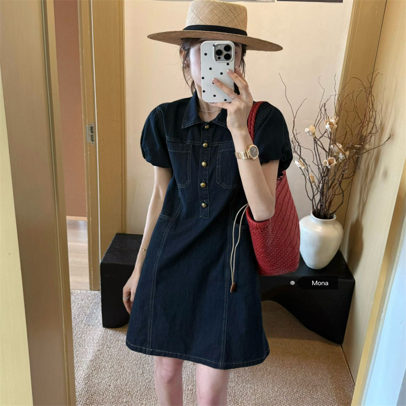 高级感深蓝色短袖牛仔连衣裙夏季新款韩版休闲宽松显瘦法式中短裙