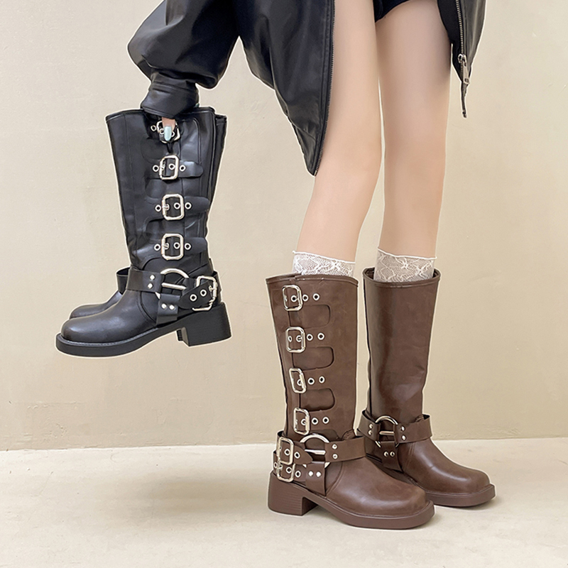 时尚复古辣妹风皮带扣高筒靴2025秋冬新款西部牛仔靴骑士靴长筒靴