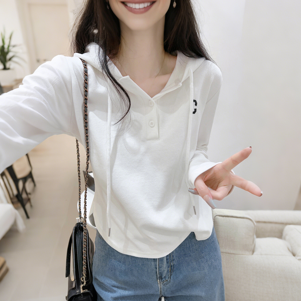 连帽长袖T恤衫女春秋季设计感刺绣C字母宽松卫衣弧形下摆棉质上衣