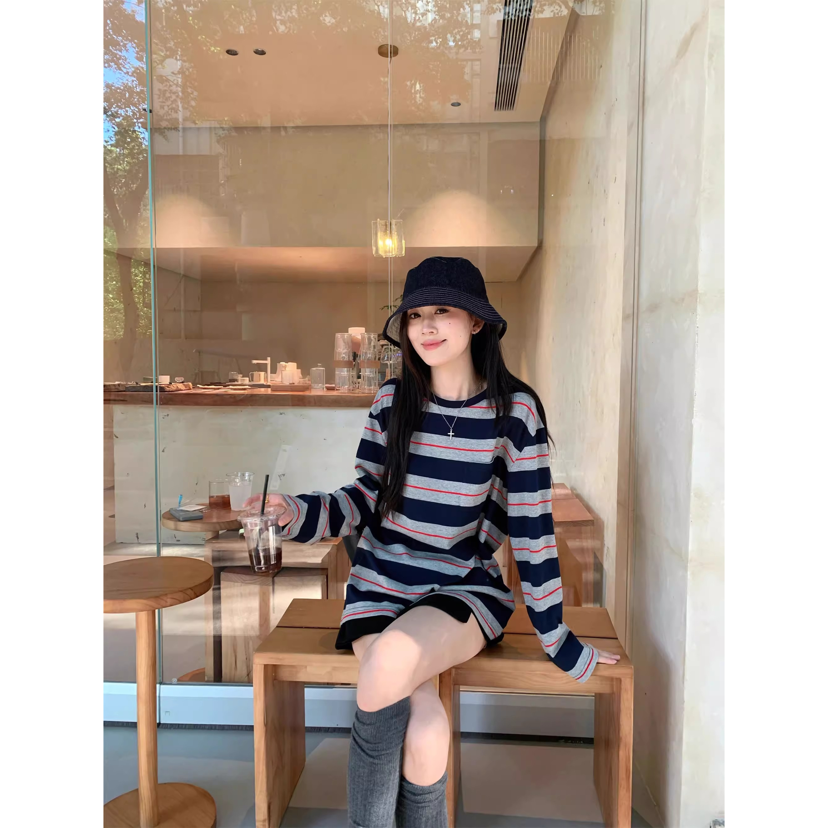 小众设计感条纹长袖T恤女秋季2025新款百搭宽松显瘦休闲套头上衣