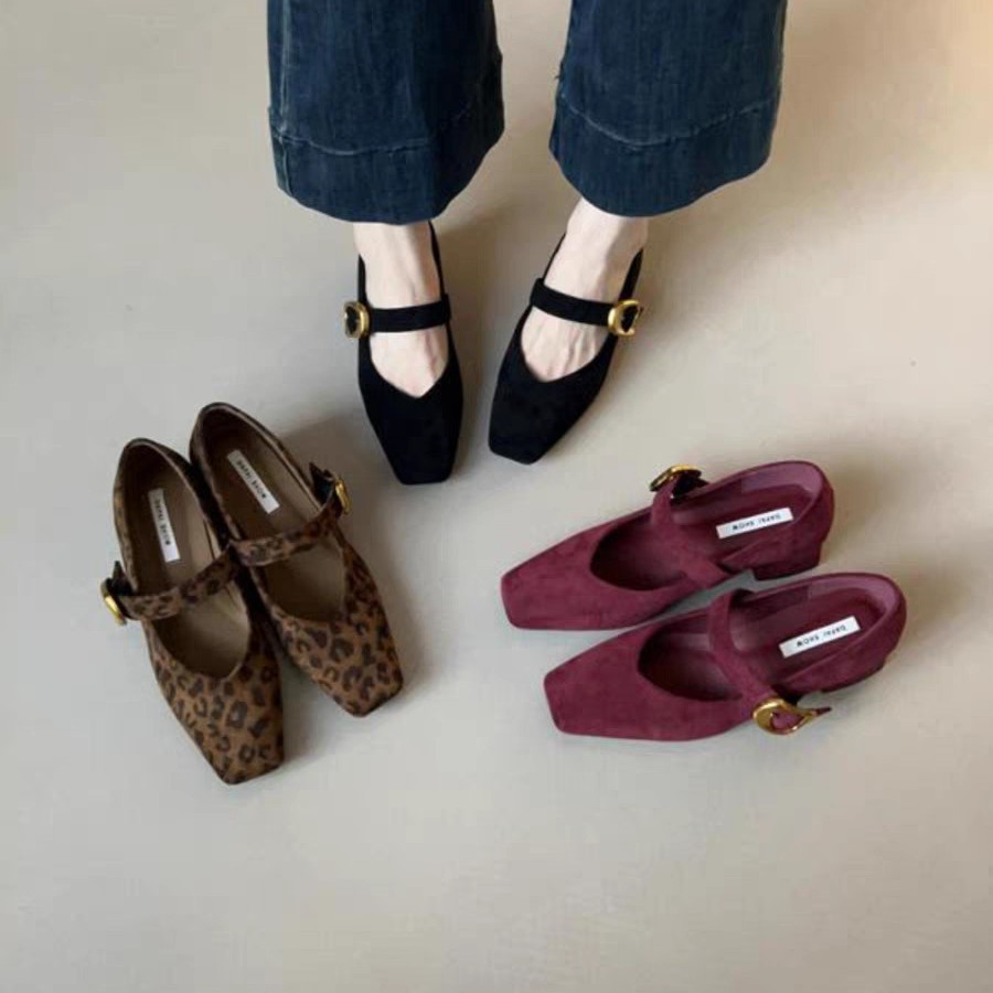 复古粗跟绒面方头单鞋女2025春秋新款气质豹纹一字扣带玛丽珍鞋子