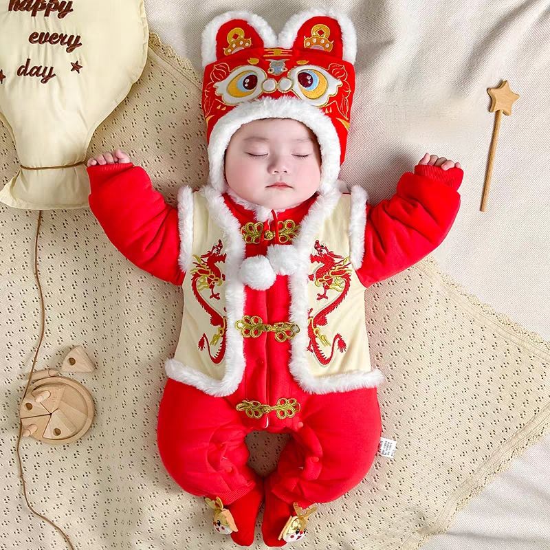 中国风长袖冬季哈衣满月喜庆拜年服周岁礼服加厚婴儿冬装棉衣