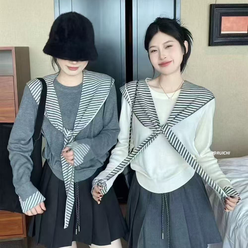 【流光风】2025秋季新款韩系条纹披肩薄款针织衫高级感洋气上衣女