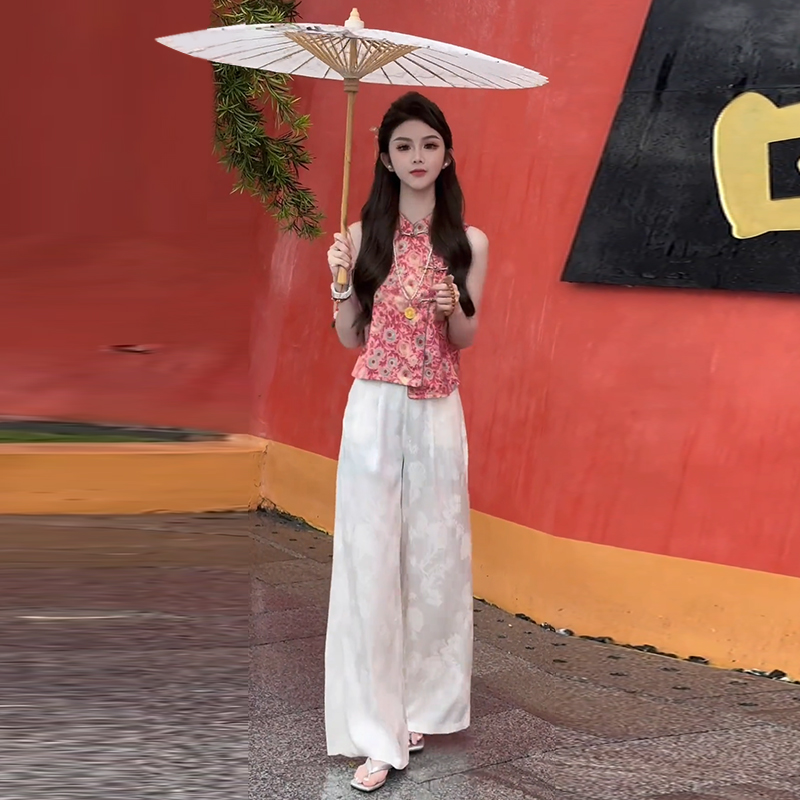 新中式国风时尚套装女夏季洋气盘扣碎花无袖马甲上衣阔腿裤两件套