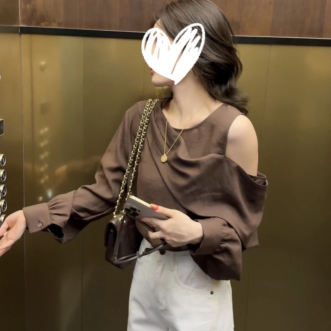 【Barbie Jingni】「粤语歌」 6110秋季法式不规则露肩长袖衬衫百搭