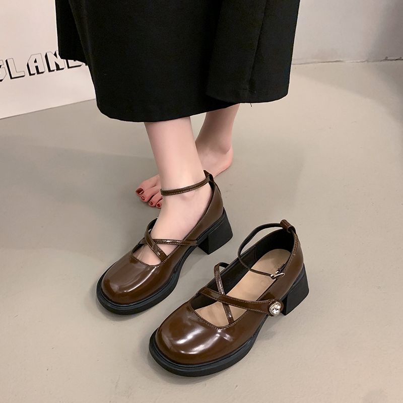 英伦风女士棕色粗跟单鞋百搭小皮鞋女2025春秋新款法式复底玛丽珍