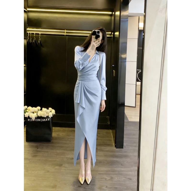法式轻熟风不规则褶皱收腰设计包臀长裙秋冬高级感名媛气质连衣裙