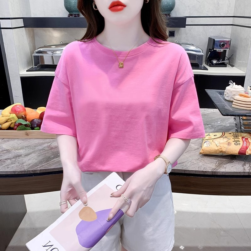 玫粉色欧洲站短袖T恤女士2025超火减龄夏季棉质宽松洋气欧货上衣