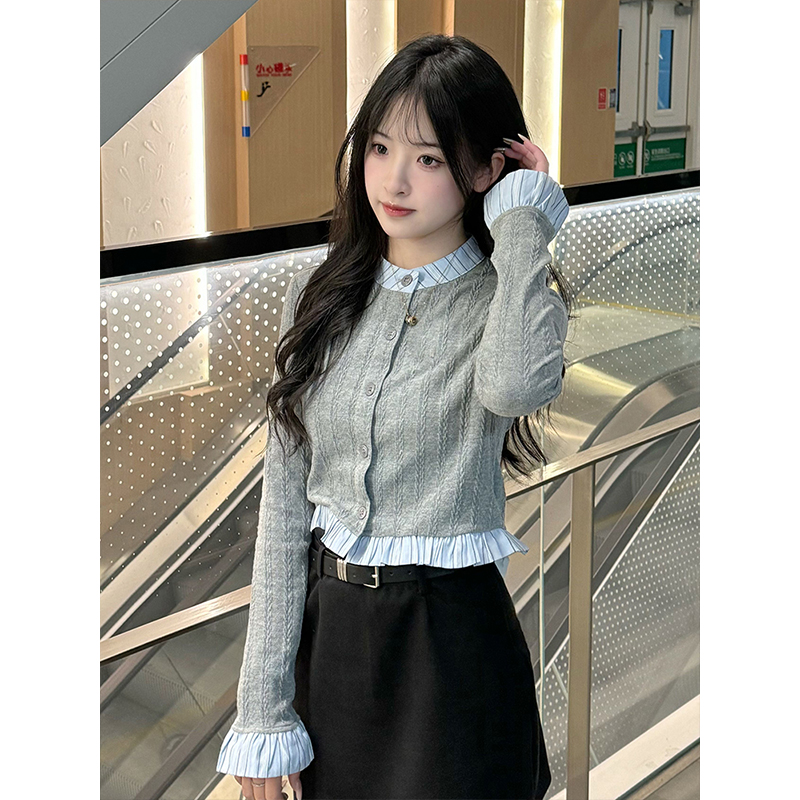 灰色宽松长袖小香风针织衫假两件秋季外套女2025新款拼接短款上衣