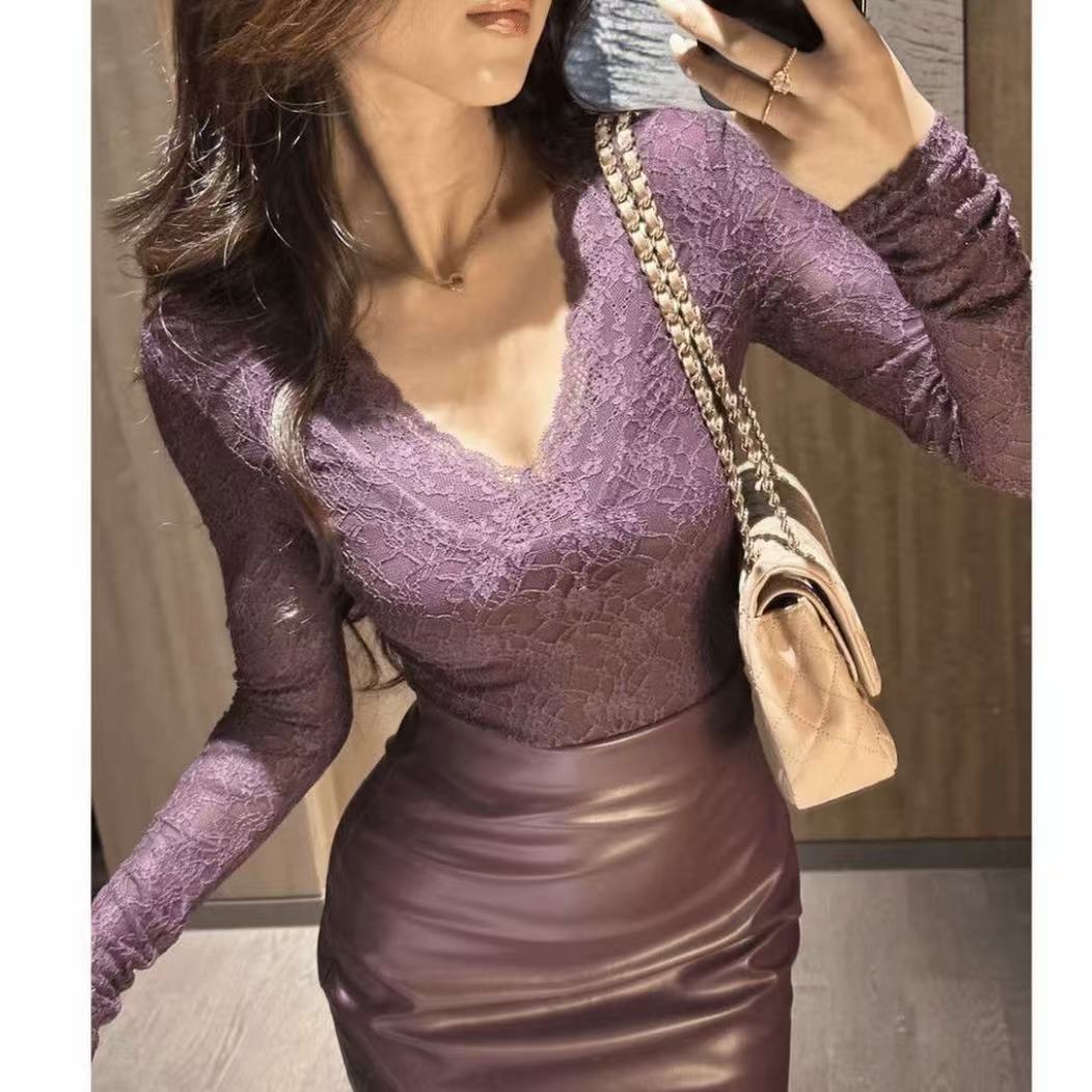 【卟娜娜专属】A652秋季纯欲性感辣妹蕾丝长袖T恤上衣包臀半身皮裙