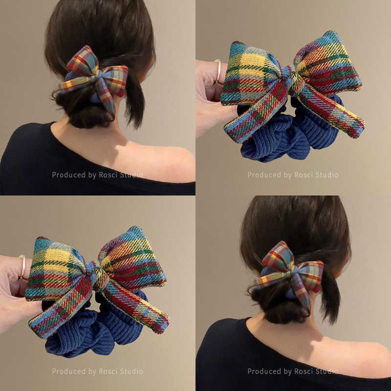 韩版彩虹格子蝴蝶结大肠发圈女高端扎丸子头绳低马尾发饰2025新款