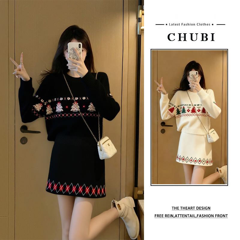 韩系圣诞风穿搭一整套女2025秋冬新款甜美印花针织衫半身裙两件套