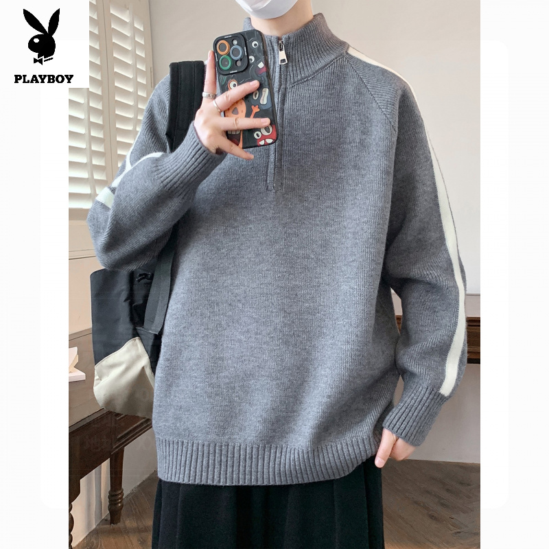 PLAYBOY/花花公子秋冬款立领毛衣保暖线衣冬装黑色立领男士毛衣