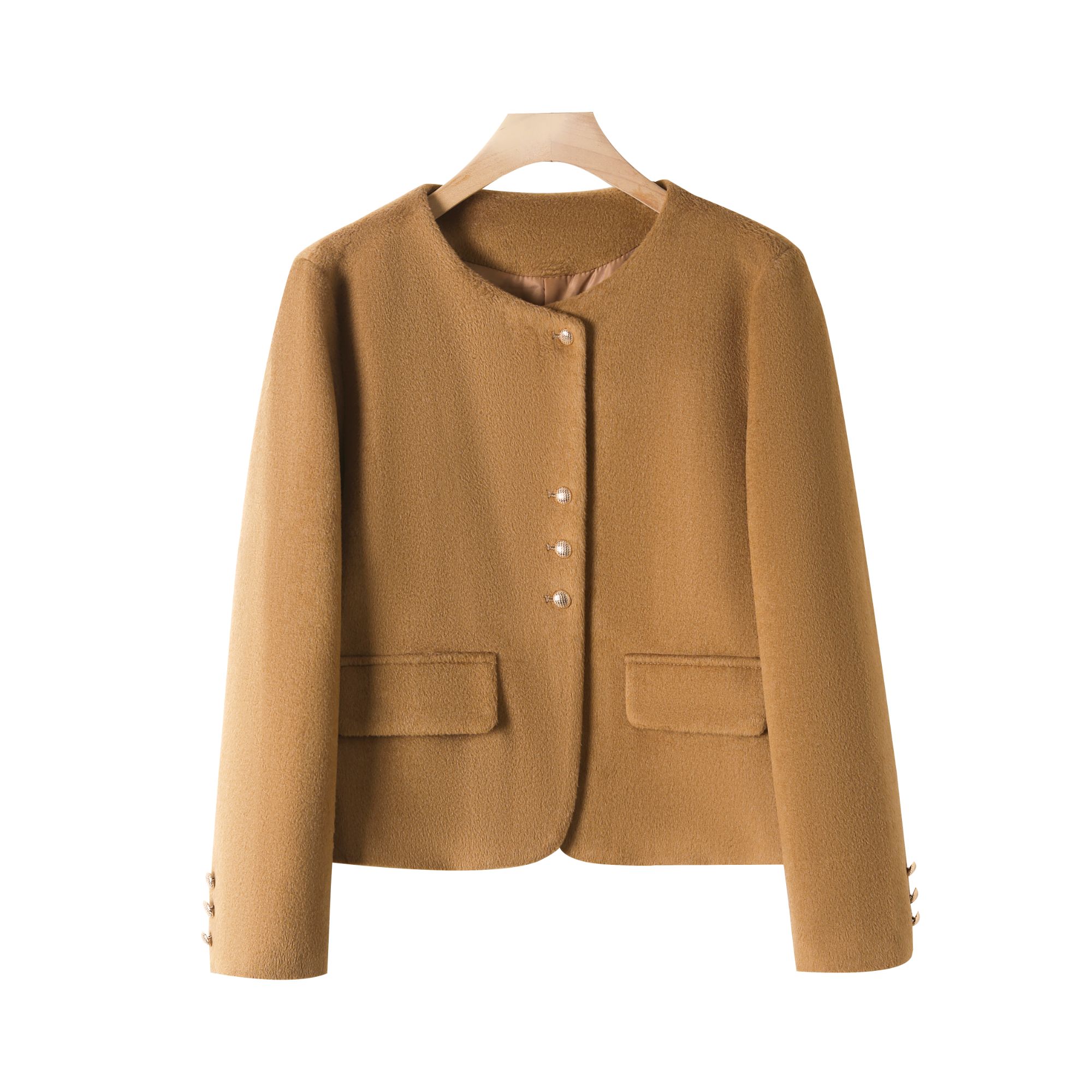 秋冬款洋气爆款时尚单排扣圆领毛呢大衣短外套-0187款