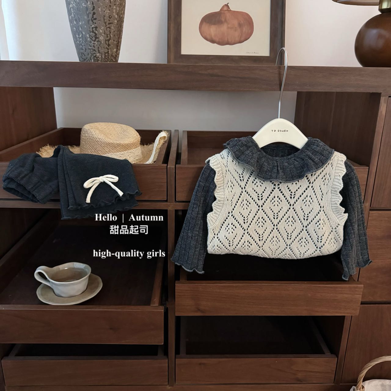 甜品起司】原创！韩系女宝宝荷叶领镂空针织马甲蝴蝶结微喇裤套装