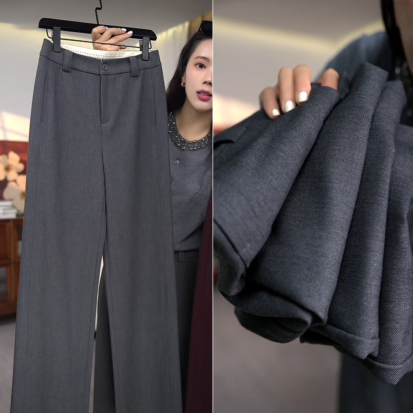 天丝羊毛阔腿裤女秋季2025新款高腰垂坠感宽松休闲窄版直筒西装裤