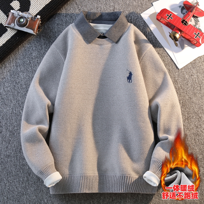 加绒厚款毛衣男宽松假两件针织衫青年韩版衬衫领百搭潮流保暖上衣