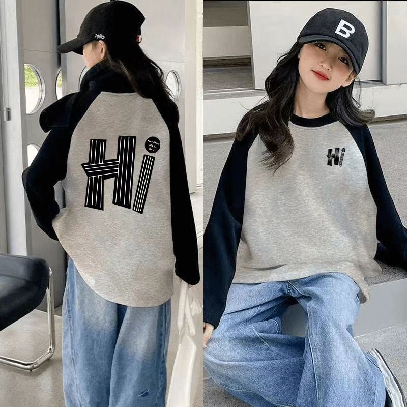 儿童长袖女童春秋装新款字母印花中大童休闲混色圆领薄款百搭上衣