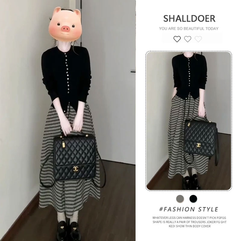 纯欲慵懒风时尚套装女2025春秋新款长袖针织开衫格子半身裙两件套