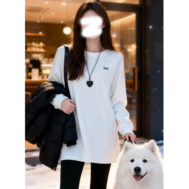 大码胖mm160斤时尚通勤圆领中长款遮肉长袖t恤女士秋冬加厚打底衫